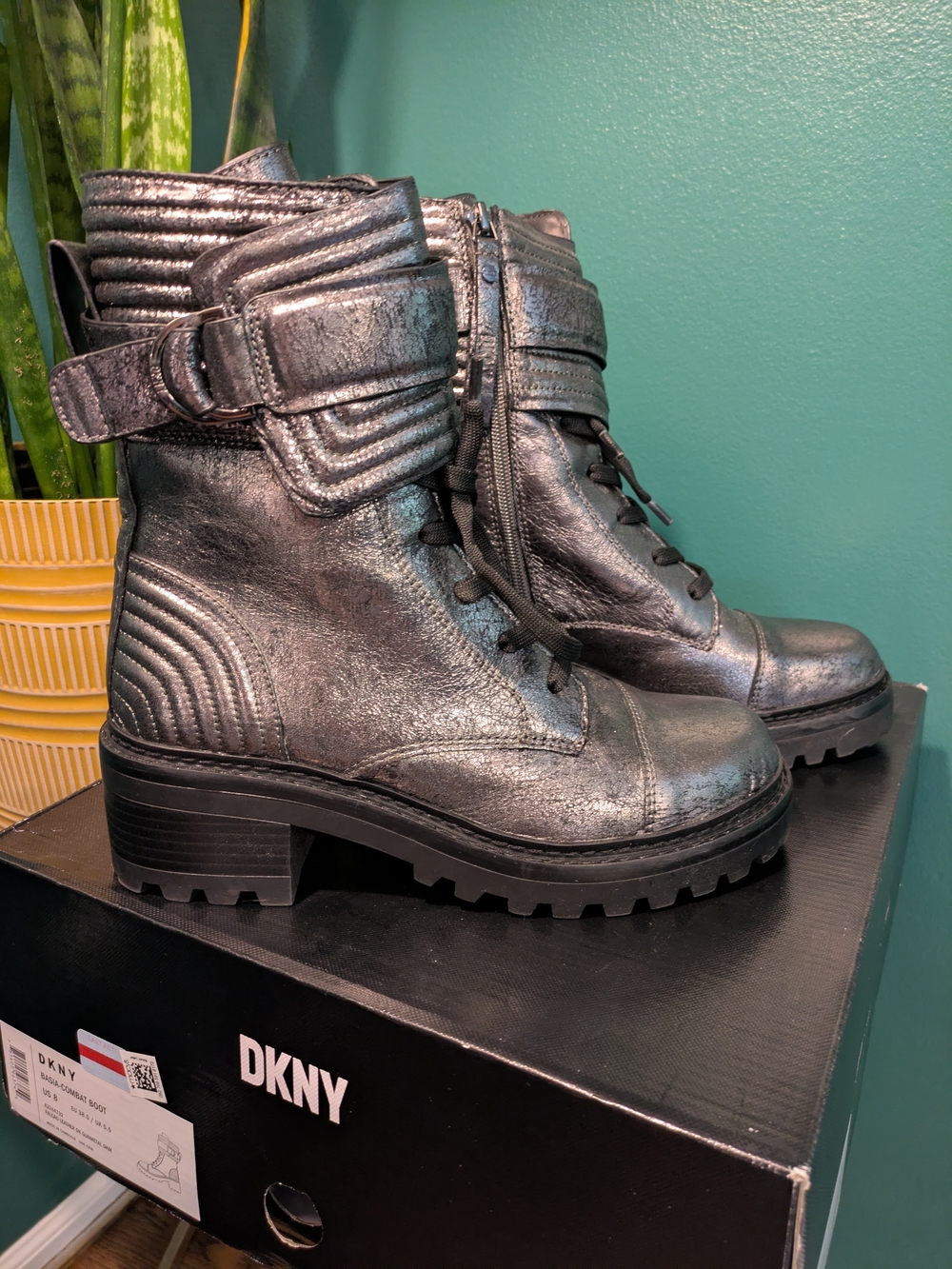 DKNY Basia Metallic Combat Boots Gunmetal Silver NIB Size 8